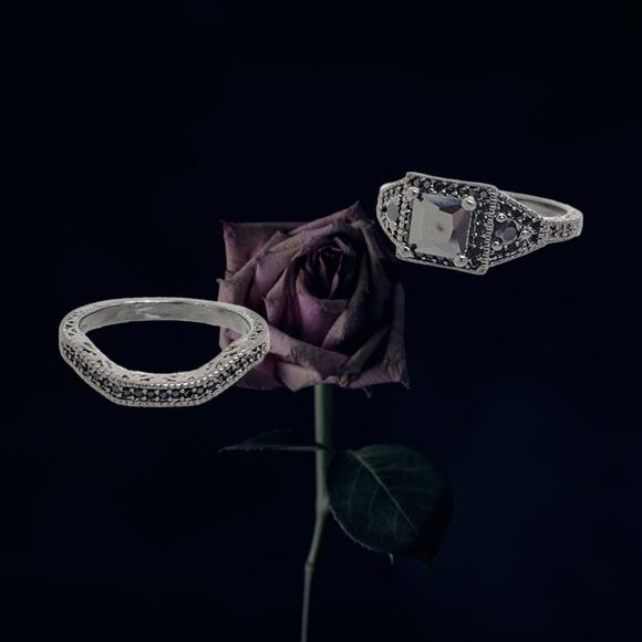 Goth Black Crystal Black Rhodium Wedding Set Size 7 1/2 - Picture 3 of 7